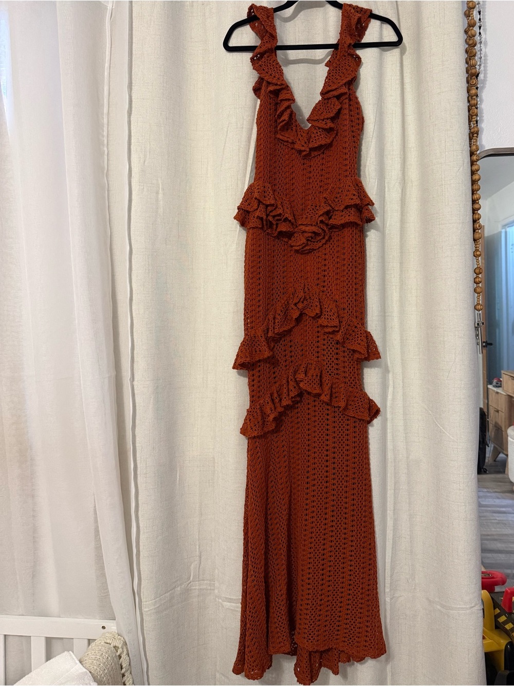 Revolve x Michael Costello Rust Ruffled Crochet Maxi Dress